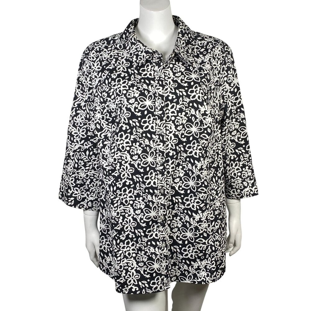 Denim & Co Floral Button Front Shirt Womens 2X Roll Tab 3/4 Sleeves Stretch